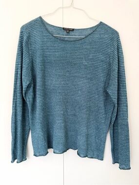 EILEEN FISHER Women’s Lightweight Textured 100% Linen Sweater in Teal Stripe